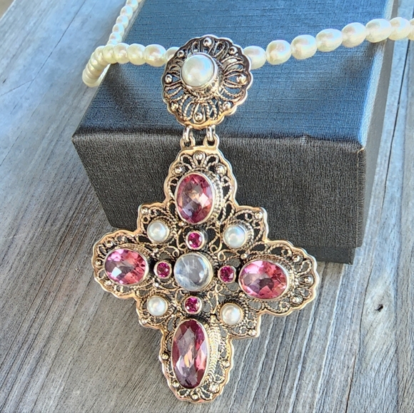 Nicky Butler Sterling Silver Pink Quartz Rhodolite Cross Pendant Pearl Necklace - Picture 2 of 16